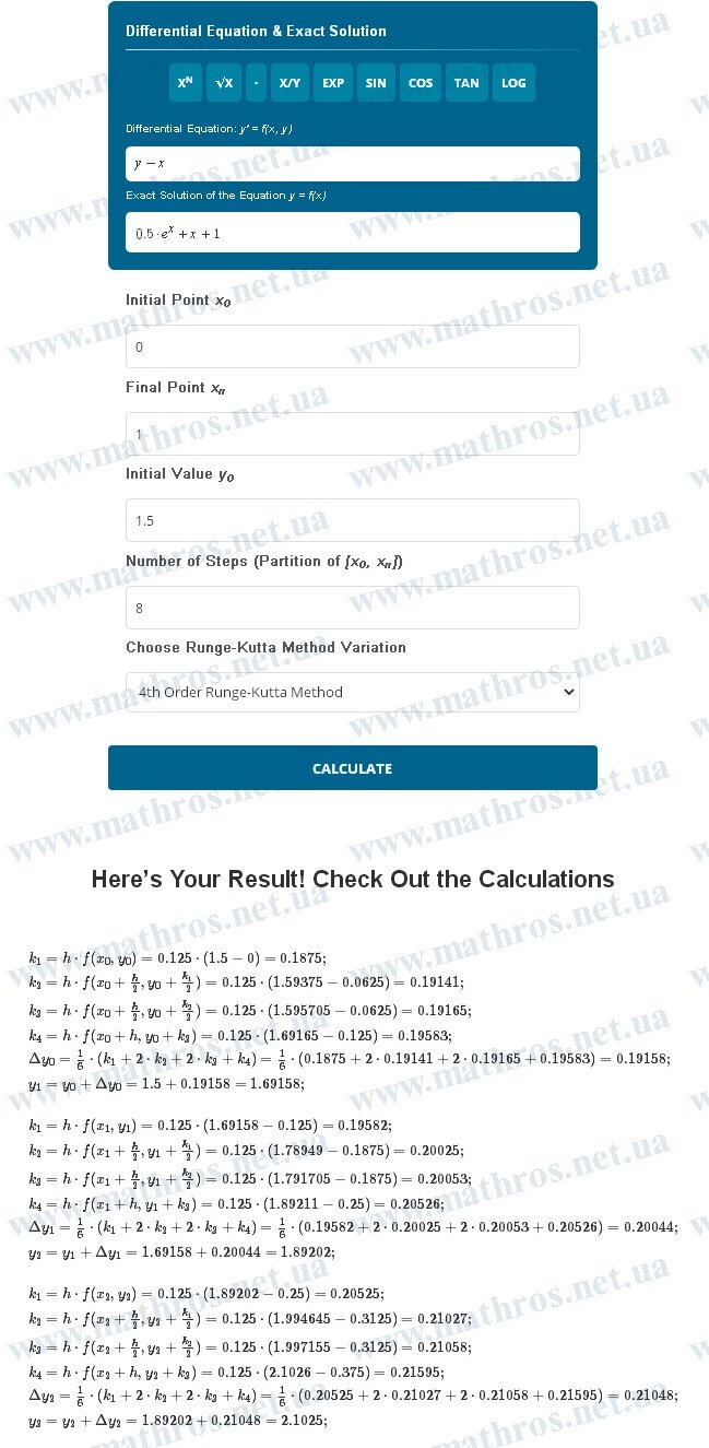Online Runge-Kutta fourth-order method calculator for computing the first four values y0, y1, y2, y3
