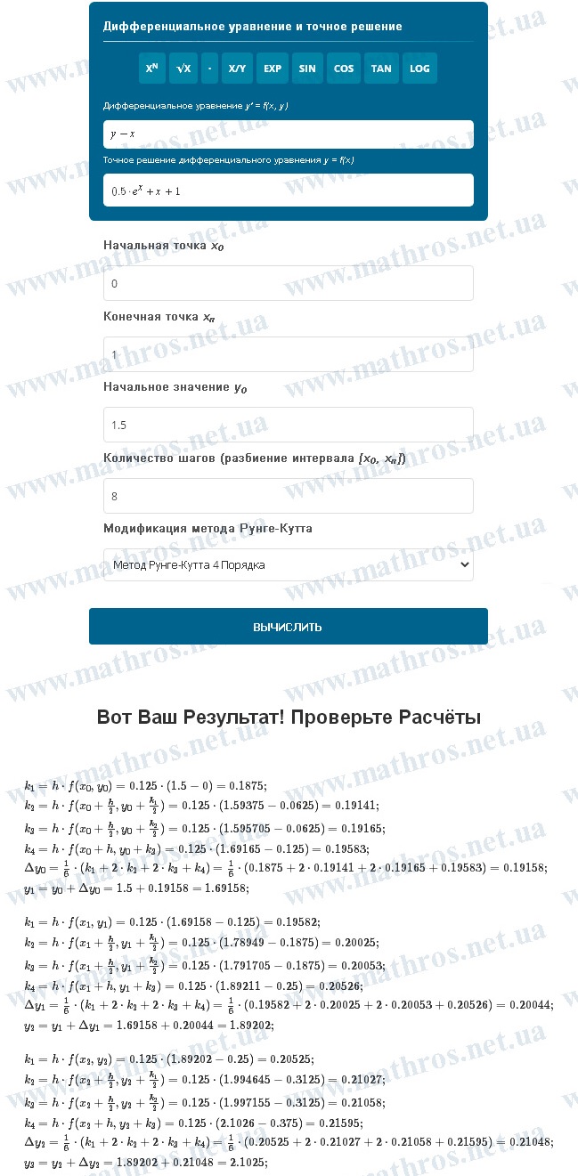 Онлайн калькулятор метода Рунге-Кутта 4-го порядка для вычисления первых четырёх значений y0, y1, y2, y3