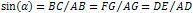 sin(α) = BC / AB = FG / AG = DE / AD