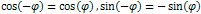 cos(-φ) = cos(φ), sin(-φ) = -sin(φ)