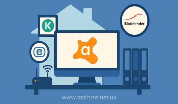Ілюстрація з логотипами антивірусних програм для дому: Avast, Kaspersky, ESET та Bitdefender на фоні комп’ютера й домашньої мережі