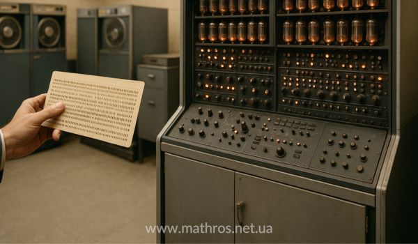 Перфокарта та комп’ютер ENIAC у великій залі