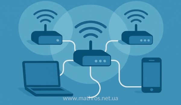 WLAN бездротова мережа: Wi-Fi роутери, ноутбук і смартфон у зоні покриття