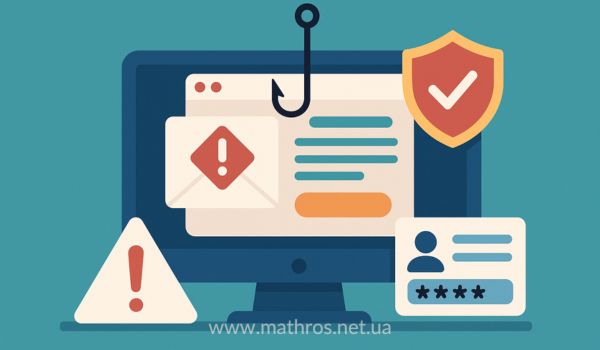 Ілюстрація, що символізує фішинг: гачок, попереджувальні іконки, електронний лист із загрозою та персональні дані на екрані