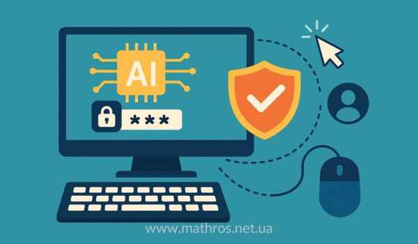 Ілюстрація інтеграції штучного інтелекту для двофакторної аутентифікації з елементами захисту, AI-мікросхемою, паролем і перевіркою безпеки