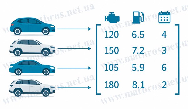 Матриці в Machine Learning — представлення характеристик автомобілів у вигляді матриці ознак